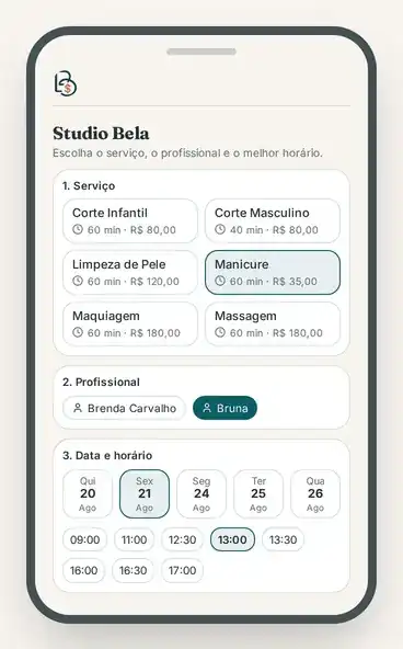 Tela de agendamento online do Bela Conta no celular, com escolha de serviço, profissional e horário